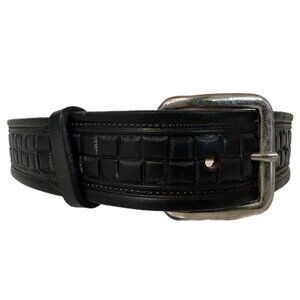 Looper Size 28 Fits Waist 25”-28" Tooled Leather Black Belt 750 Silver Tone